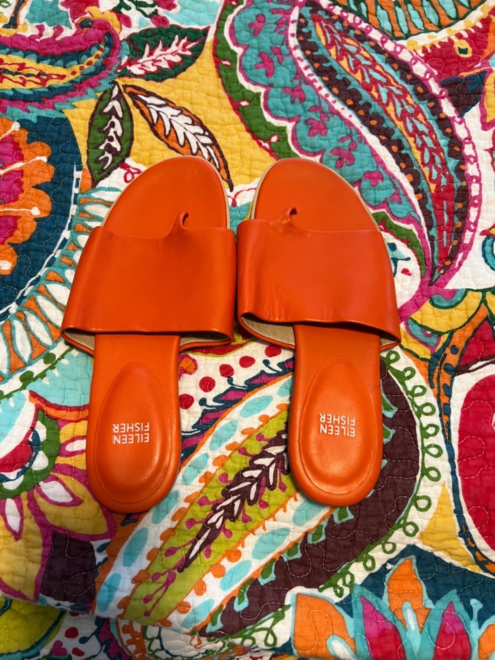 Eileen Fisher Bright Orange Leather Slide Sandals